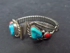 G. Watson Silver Tone Native Style Turquoise Coral Stretch Watch Band