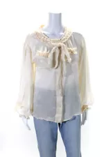 Chanel Boutique Womens Long Sleeve Pussycat Bow Ruffle Top Blouse Cream Small