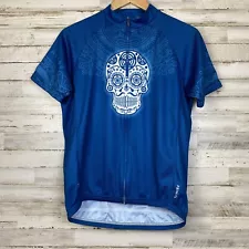 Primal Performance Cycling Top Mens Sz L Blue Back Pockets Skull Steampunk Bike