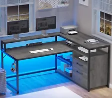 59" L Shaped Gaming Desk Home Office Desk with Drawers & LED Lights Corner Desk