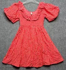 SPELL Dress Women Small Pink Strawberry Fields Mini Seersucker Gingham Farm Girl