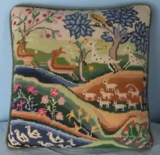 Vintage Needlepoint Country Side Scene Throw Pillow