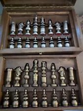 Antique MCM Italian Metal Chess Set In Wooden Storage Box With Board