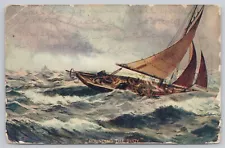 Vtg Post Card "Rounding The Buoy" Sailboat Sailing in Rough Waters B262