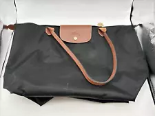 Longchamp Le Pliage Large Nylon Tote Shoulder Bag Black Paris Leather Handle