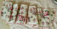 Antique Watered Silk Ribbon Aqua Satin Edge PINK ROSES Finished Crocheted Edges