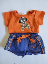 Build A Bear 2 Piece Outfit - Blue Shorts & Orange T-Shirt Skull & Crossbones