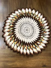 Beautiful Large 18” crocheted pot holder doily dream catcher Brown Mushroom 70s