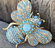 Vintage Signed Bee Insect Bug Brooch Pin Aqua Blue Resin Rhinestone Gold Tone US