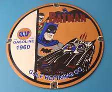 Vintage Gulf Gasoline Sign - Batman Robin Porcelain Gas Pump Sign