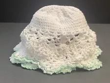 Hand Crocheted Knitted White w/ Green Trim Beanie Hat For Infants Or Dolls