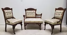 Antique Victorian Eastlake Parlor Set 3 Pc Chaise Lounge Hip Rest Chairs Settee