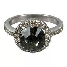 Silver Toned Black Diamond (Lab Created) Halo Ring Size 7 Engagement Preowned