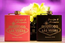 Personalized Married in Fabulous Las Vegas Flasks for Bride + Groom, Set of 2