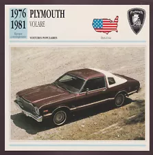 1976-1981 Plymouth Volare American Mopar Car Photo Spec Sheet Info French Card