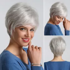 Women Fashion Natural Soft Short Haircut Grey Wigs Mommy Daily Straight Hair