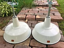 TWO 1940's 18" White Porcelain Industrial Barn Gas Station Light Vintage Multi