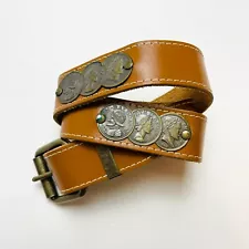 Leather Coin Belt Womens S Tan Brass Buckle Historical Old World Style Spanish