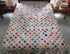 Vintage 70s & 80s Beautiful Cottons Hand Made CATHEDRAL WINDOW Quilt; 91" x 73"