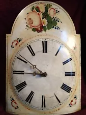 LARGE ANTIQUE 1800- s WALL CLOCK w PAINTED DIAL FACE + 2 LONG CHAINS