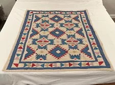 Antique Hand Stitched Patchwork Quilt 56" x 48" Blue Cream Pink Baby Blanket