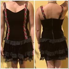 SaleðSz 14, Phaze Black Stretch Velvet Mini Vamp, Goth, Rose Lace Detail, Dress