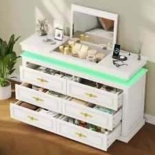 6 Drawer Dresser with Mirror, LED Lights and Charging Station, Chest of Drawers