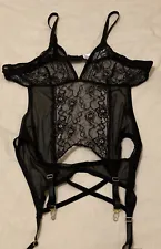 Sexy Black Sheer Mesh Lace Strappy Lingerie Garter Cami Crotchless Bodysuit XL
