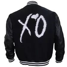 Men's The Weeknd XO Bomber Jacket Black Wool Faux leather Sleeves Varsity Jacket