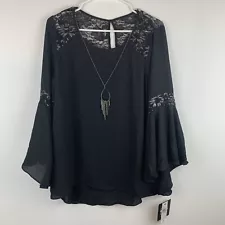 By & By Women’s Large Black Blouse Keyhole Button Back Lace Silver Necklace NWT