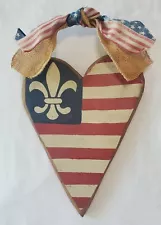 4th July Patriotic Heart Wood Wall Door Hanging Rustic Country Primitive