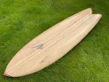 Twin fin balsa wooden surfboard by Jimmy Zhanay Surfboards, 5'-11"