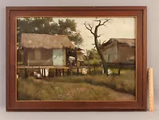 Large Signed DANIEL IZZARD Oil Painting Philippines Southeast Asia STILT HOUSES