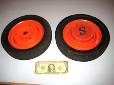 2 VINTAGE RED METAL WAGON CART WHEELS 9 3/4” Tall Hard Rubber W/ S Center cap