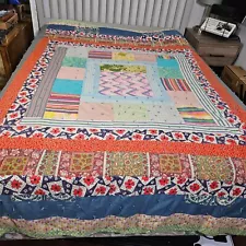 Crazy Rag Quilt Blanket Spread Throw Peach Orange Blue Square Handmade 95" x 78"