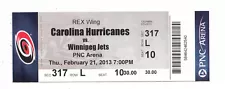 2013 CAROLINA HURRICANES VS WINNIPEG JETS FULL TICKET STUB 2/21/13 JETS WIN 4-3