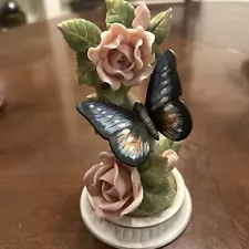 Lefton China Pink Rose Bush Figurine with Blue Butterfly Hand Painted Approx 6 "