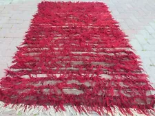 Shaggy Rug, Long Hair Rugs, Red Colored Wool Carpet, Vintage Mohair Rug 40"x73"