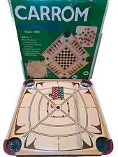 Vintage Carrom Game Board w/ Cues & 26 Pieces Rare Design w/ Red Corners