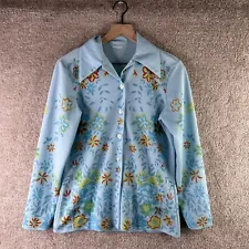 VINTAGE 70s Shirt Womens Medium Blue Button Up Floral Hippie Disco Retro Adult