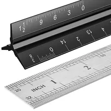 2 PACK 12" ARCHITECTURAL SCALE RULER SET ALUMINUM TRIANGULAR & STANDARD METAL RU