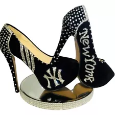 New York Yankees Icy Rhinestone Sexy Black Stiletto Heels 7.5,Platform Baseball