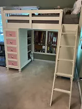 Sturdy Girl’s Loft Bed, with Bookcase, Desk, Cork board And Dresser Set