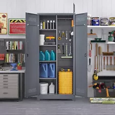 Tall Garage Storage Cabinet Broom Closet with Doors& Lock Cleaning Tool Cabinet