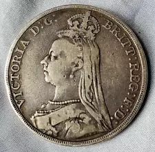 1890 VICTORIAN CROWN 0.925 Solid Silver Antique Coin Old Vintage Sterling Toned