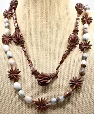 2 Vintage Brown Koa? Apple Seed Beaded Necklaces: Fancy 38" & 48" w Beans?