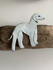 Vintage Bedlington Terrier Enamel Dog Brooch White Painted Dog Pin Mid Century