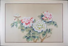 Vintage Oriental Painting, Asian Watercolor on Silk Paper, Blooming Peony Flower