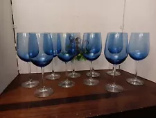 Set of 10 Cobalt Blue Wine Water Goblets Glasses w/ Clear Stem 9" 18 oz. ~EUC ~