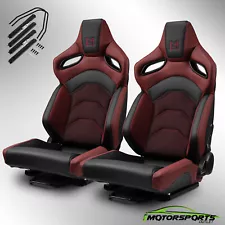 Universal Reclinable PVC Racing Seats Car Seat Pair Full Set w/Sliders Black-Red